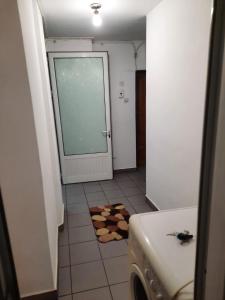 a bathroom with a door and a rug on the floor at Apartament Del Dodo in Alba Iulia