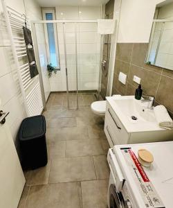 La salle de bains est pourvue d'une douche, d'un lavabo et de toilettes. dans l'établissement FeWo Kastanie mit Balkon, à Bad Harzburg