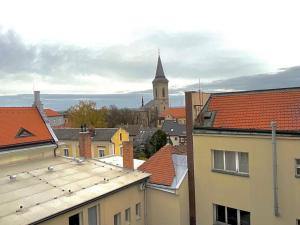 Blick auf eine Stadt mit Dächern und eine Kirche in der Unterkunft Apartmán č.4 v bankovním domě in Kutná Hora