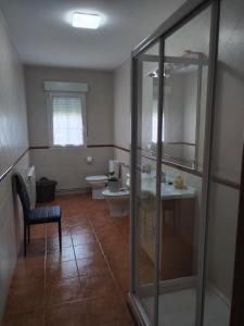 ein Badezimmer mit Dusche, Waschbecken und Toilette in der Unterkunft A casa de Dora da Estrada in A Estrada + 28 Fotos