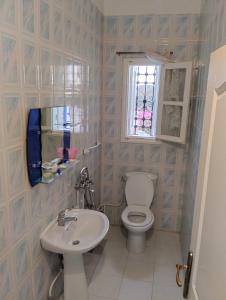 een badkamer met een toilet en een wastafel bij Flamant rose in Houmt Souk