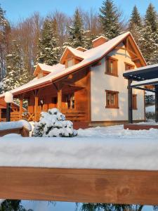 una casa de madera en la nieve con nieve en Agroturystyka - AGRODOMEK, en Nozdrzec