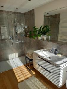 a bathroom with a sink and a shower at Wohnung im Herzen der Altstadt in Schwaz