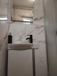 a white bathroom with a sink and a mirror at Studio apartman Oboj Maksimir in Zagreb