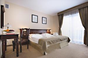 a bedroom with a bed and a desk and a window at Hotel Carmen in Karpacz