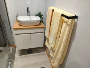 a bathroom with a sink and a towel rack at Herama House in Vila Nova de Gaia