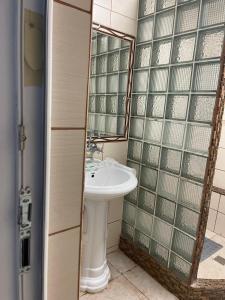 ein Bad mit einem Waschbecken und einem Spiegel in der Unterkunft Vila Lumi in Constanţa