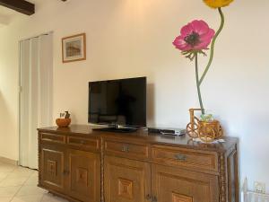 a television on a wooden cabinet with a flower on it at Apartment Ivan in Rovinj