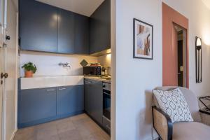 małą kuchnię z niebieskimi szafkami i zlewem w obiekcie Ricasoli Terrace we Florencji