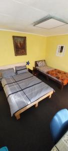 two beds in a room with yellow walls at Dalbo House in Slobozia-Mîndra +36 photos