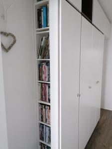 a white book shelf with dvds at Ferienwohnung Astenrefugio in Winterberg