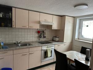 a kitchen with a sink and a stove and a table at Fewo Moin Moin in Groß Petershagen