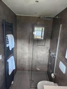 La salle de bains est pourvue d'une douche, de toilettes et d'un lavabo. dans l'établissement Aaki Apartment Diegten II, à Diegten