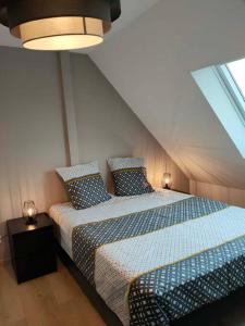 a bedroom with two beds in a attic at Maison individuelle, 10 minutes de Colmar 4 chambres - 8 personnes - 2 sdb in Wintzenheim
