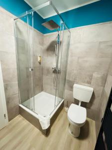 een badkamer met een douche en een toilet bij Ferienwohnung Michelangelo Stadtmitte "Netflix" in Eisenach