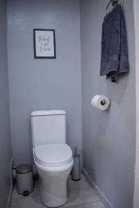 a bathroom with a toilet and a picture on the wall at 2 Bedroom Apartment with Modern Finishes Hill Tud Stays in Pietermaritzburg