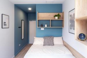 a bedroom with a bed and a blue wall at Stoneybatter Place in Dublin
