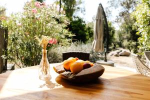 a bowl of fruit on a wooden table with a vase at Les villas de Bagheera, oasis naturiste in Linguizzetta