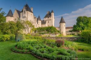 un château avec un jardin en face dans l'établissement Hôtel du Château du Rivau, à Lémeré