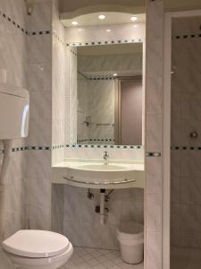 W łazience znajduje się umywalka, toaleta i lustro. w obiekcie Hotel Villa Itala w Rimini