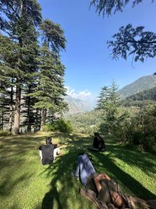 two people laying on the grass in a field at High Spirits Hostel and Cafe, Mateura in Jari