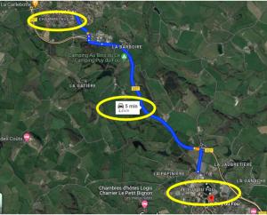 eine Karte der vorgeschlagenen Route für die Modernisierung in der Unterkunft Gite Puydufou -5kms- La Séraphina, 2 à 6 personnes in Chambretaud
