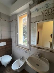 bagno con lavandino, servizi igienici e specchio di Hotel Villa Itala a Rimini