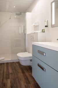 ein Bad mit einem WC, einem Waschbecken und einer Dusche in der Unterkunft Logis Hotel Le Provencal in Les Issambres