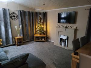 a living room with a christmas tree and a fireplace at Cherry Blossom Retreat in Felton