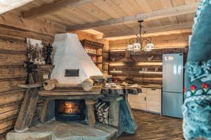伊圖芙的住宿－Domek Między Dolinami，小木屋内带壁炉的厨房