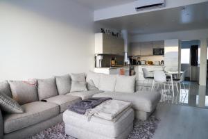 a living room with a couch and a kitchen at Modern semi-detached house with wonderful location! in Rovaniemi