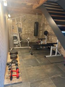 a gym with dumbbells and weights in a room at Suite 110 in Farra