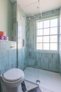 a bathroom with a toilet and a glass shower at Palm Heights - top floor luxury flat in Margate