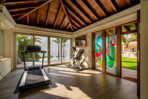 een kamer met een fitnessruimte met een loopband en ramen bij Villa de lujo con piscina y vistas al mar in Tacoronte