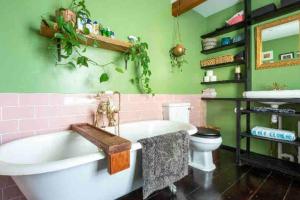 a bathroom with a tub and a toilet and green walls at SEA BREEZE APARTMENT in Margate +21 photos