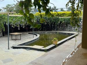 a pool of water in a courtyard with a table at Chikoo Farm inn in Bangalore