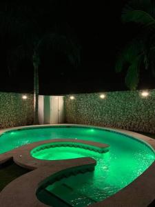 埃爾切的住宿－4-bedroom Villa with pool and barbacue，夜晚带灯光的绿色游泳池