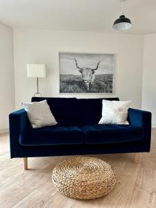 a blue couch in a living room with a bull at Stafford 2 Bedroom Apartment in Prime Location with Secure Parking in Stafford