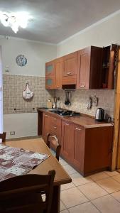 Perrero的住宿－La betulla，厨房配有木制橱柜和桌子。