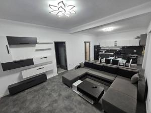 sala de estar con sofá y cocina en Comfy & Cozy Apartament 2, en Rădăuţi
