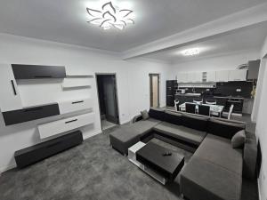 a living room with a couch and a kitchen at Comfy & Cozy Apartament 2 in Rădăuţi