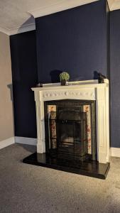 a fireplace in a room with a blue wall at Southsea in Coedpoeth