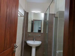 a bathroom with a sink and a glass shower at Bliss Apartments Colombo in Colombo