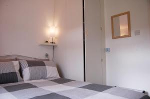 una camera con letto e armadio con specchio di Bryniau Gwyrdd Chalet 11 Happy Valley a Tywyn