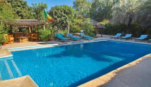 a swimming pool with blue chairs and a gazebo at Auberge Plein Soleil in Mbodiène