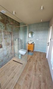 y baño con ducha de cristal y aseo. en BNB Green refuge: Vakantiehuis met zeer grote tuin, en Londerzeel