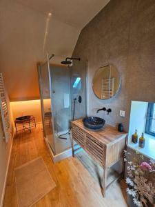 ein Bad mit einem Waschbecken und einer Dusche in der Unterkunft BNB Green refuge: Vakantiehuis met zeer grote tuin in Londerzeel
