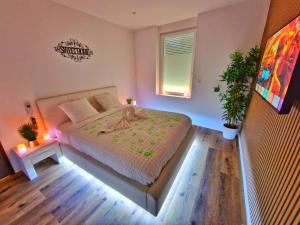 a bedroom with a large bed in a room at -Le Zen Spa+Jacuzzi+Parking+Clim in Colmar