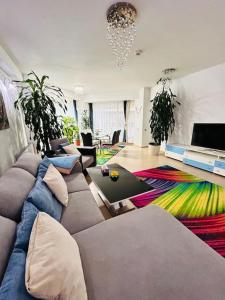 Pure Luxury Residence في تيميشوارا: غرفة معيشة مع أريكة وطاولة