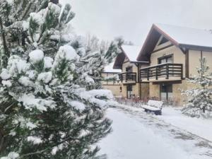 una casa con un árbol cubierto de nieve delante de ella en Apartamenty La Playa en Gorzewo